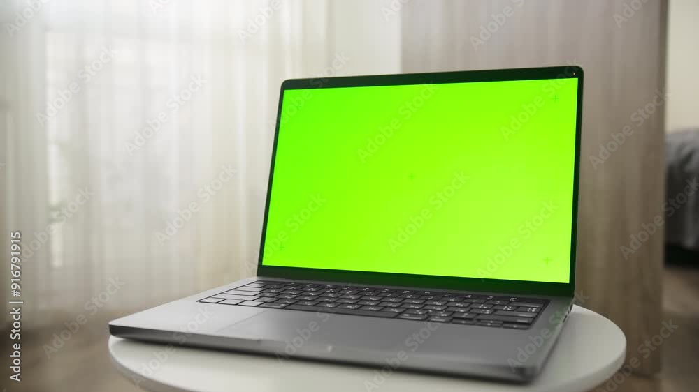 Side View of Laptop with Green Screen on Round Table in Modern Interior Side View of Laptop with Green Screen on Round Table in Modern Interior