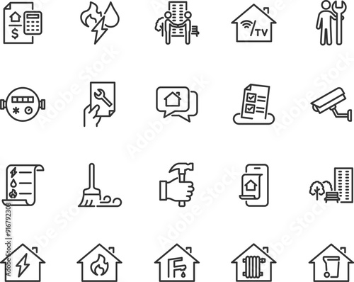 Vector set of public utilities line icons. Contains icons utility bills, plumber, water meters, video surveillance, cleaning, survey, neighborhood, house chat, request and more. Pixel perfect.