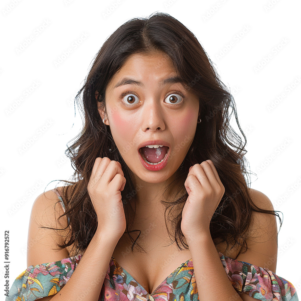 A woman with a surprised expression on her face isolated on transparent background A woman with a surprised expression on her face isolated on transparent background