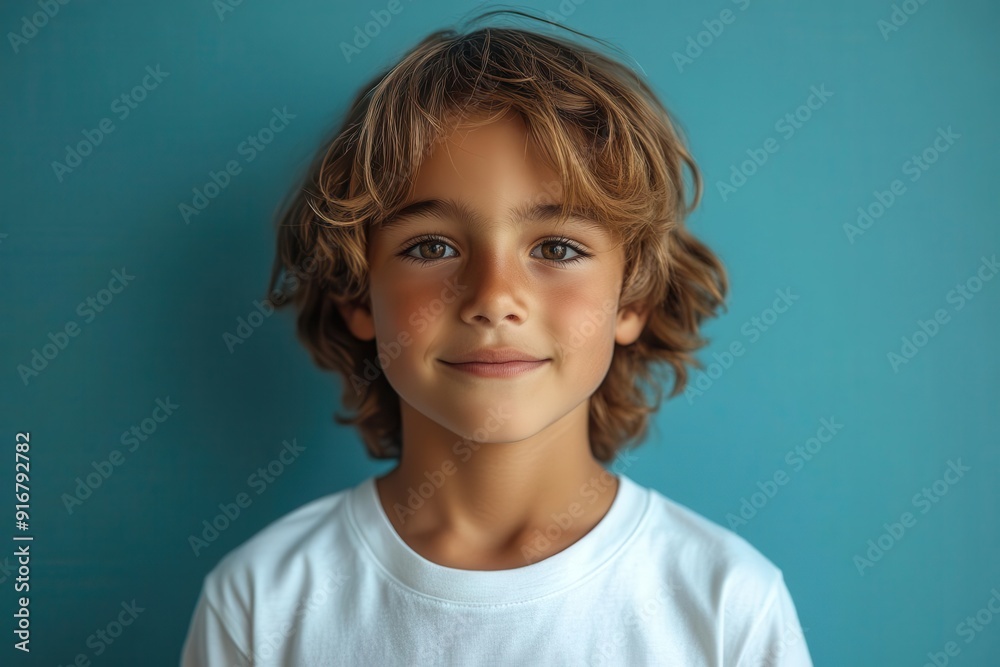 cheerful boy model in crisp white tshirt against vibrant blue backdrop clean lines and youthful energy create a modern eyecatching mockup for fashion design cheerful boy model in crisp white tshirt against vibrant blue backdrop clean lines and youthful energy create a modern eyecatching mockup for fashion design
