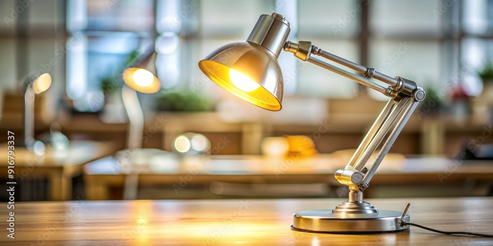 Glowing halogen lamp with metal stand and adjustable arm, casting warm yellow light on a modern desk or workspace with blurred background.
