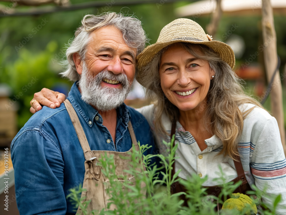 A man and a woman are smiling and posing for a picture in a garden. The man is wearing a blue shirt and apron, while the woman is wearing a straw hat. Concept of happiness and warmth