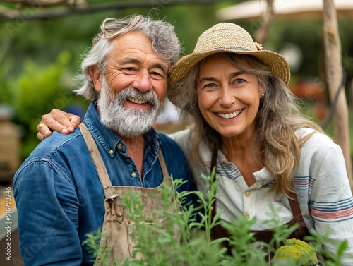 Obraz na płótnie A man and a woman are smiling and posing for a picture in a garden. The man is wearing a blue shirt and apron, while the woman is wearing a straw hat. Concept of happiness and warmth w salonie