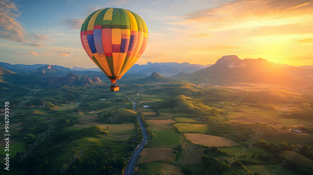 Obraz premium colorful hot air balloon flying lush green valley with a winding road and mountains in the background at sunrise embodying the ultimate bucket list lifestyle