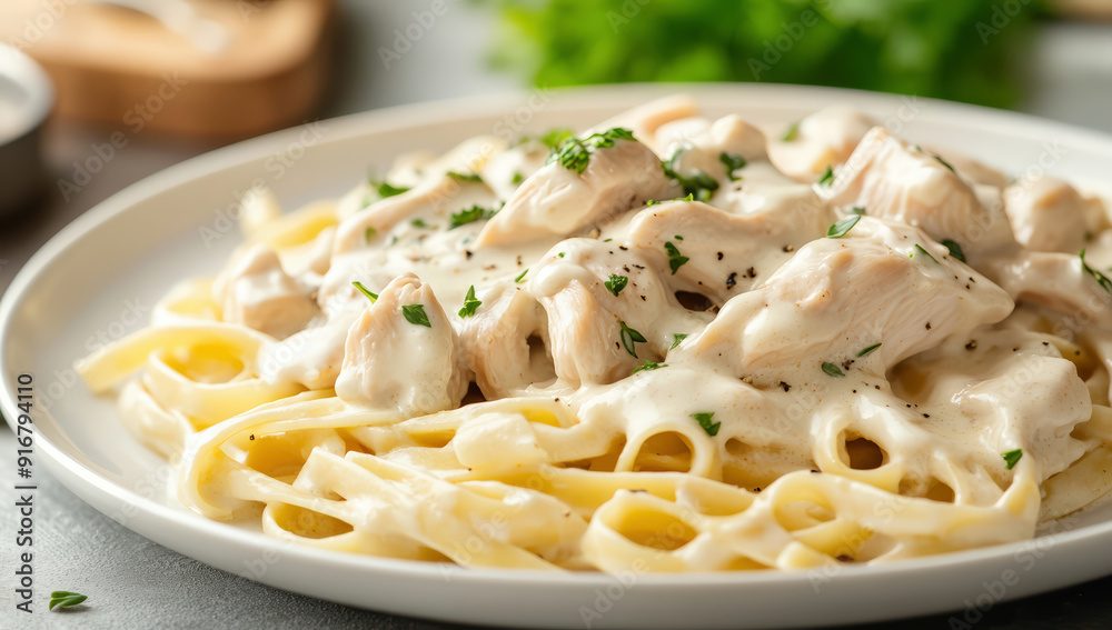 Savory chicken fillet with a creamy alfredo sauce and fettuccine pasta Savory chicken fillet with a creamy alfredo sauce and fettuccine pasta