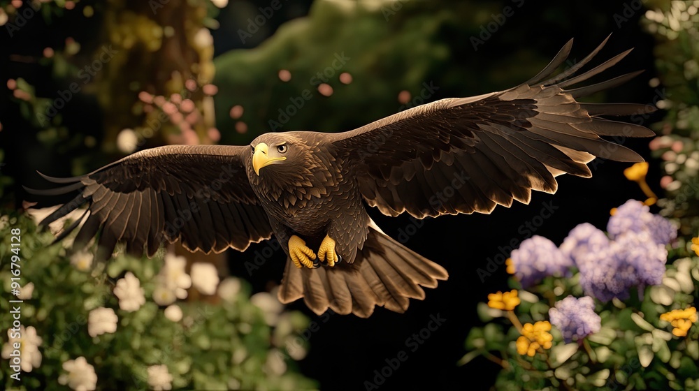 Fototapeta premium A hagedorn eagle spreads its wings wide while flying between two trees on a dark night, showcasing its majestic form against the black backdrop
