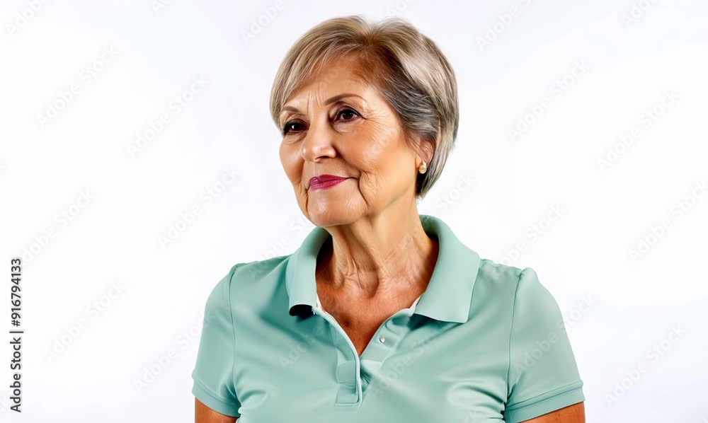 Lifestyle portrait video of a Vietnamese woman in her 60s wearing a sporty polo shirt against a white background Lifestyle portrait video of a Vietnamese woman in her 60s wearing a sporty polo shirt against a white background
