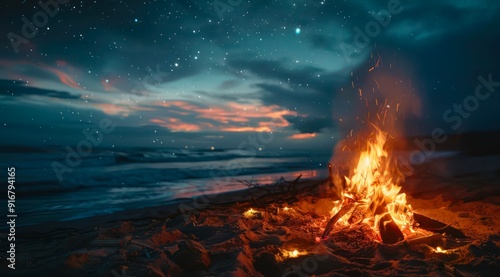 Fototapeta Naklejka Na Ścianę i Meble -  Campfire on a sand beach by the sea at night.