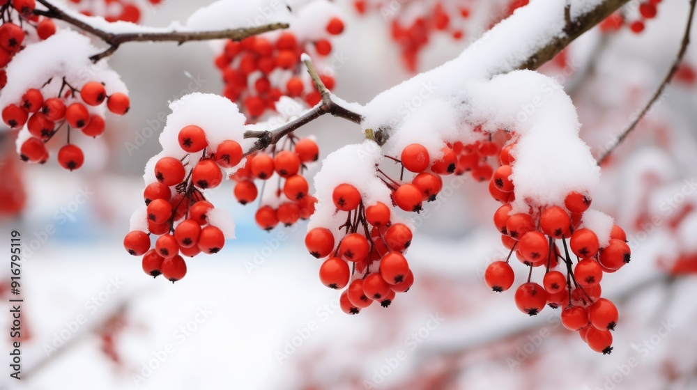 Red winter berries on tree branches during snowfall. Neural network ai generated art Red winter berries on tree branches during snowfall. Neural network ai generated art
