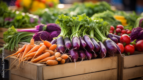 Assorted Fresh Vegetables At A Bustling Market With Orange Carrots And Purple Eggplants On Wooden Crates Outdoors Sunlit