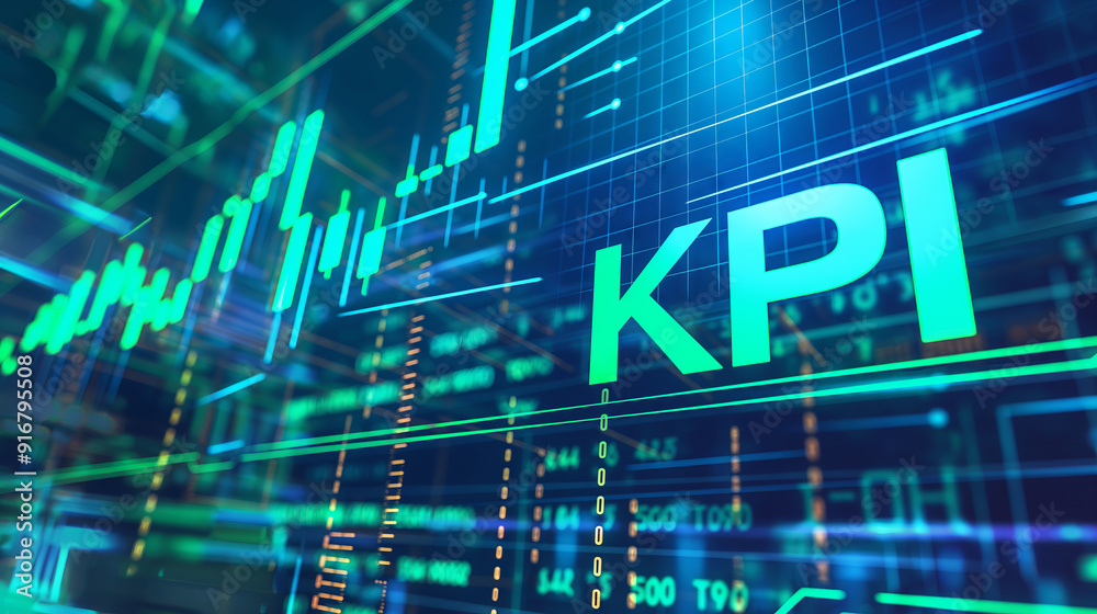 Kpi text, Key performance indicator with blue and green charts background showing positive business growth Kpi text, Key performance indicator with blue and green charts background showing positive business growth