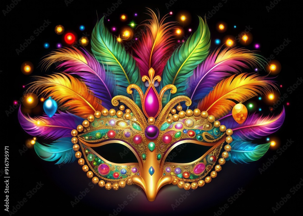 Vibrant colorful carnival mask icon with glittering gems and feathers on a black background, symbolizing mystery, luxury, and festive celebration atmosphere. Vibrant colorful carnival mask icon with glittering gems and feathers on a black background, symbolizing mystery, luxury, and festive celebration atmosphere.