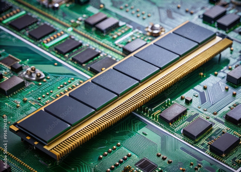 A high-angle view of a stick of DDR4 RAM lying on a reflective surface, surrounded by circuit boards and microchips, showcasing advanced computer hardware. A high-angle view of a stick of DDR4 RAM lying on a reflective surface, surrounded by circuit boards and microchips, showcasing advanced computer hardware.
