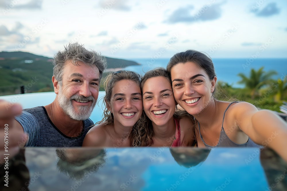 Obraz premium Happy family taking a selfie by the pool on vacation.