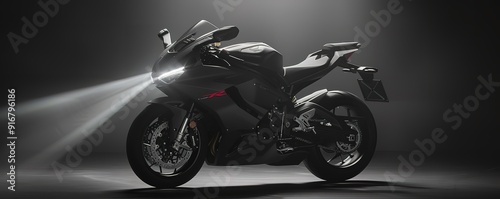 A sleek, black motorcycle with a powerful engine, gleaming under a spotlight. This image evokes speed, adrenaline, and freedom.