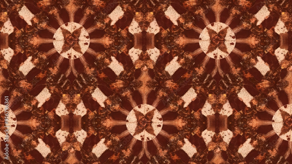 Naklejka premium A kaleidoscope pattern created by lines and spots of natural stone texture showcasing stunning natural designs and textures of brown and white mineral slices featuring a mirror effe