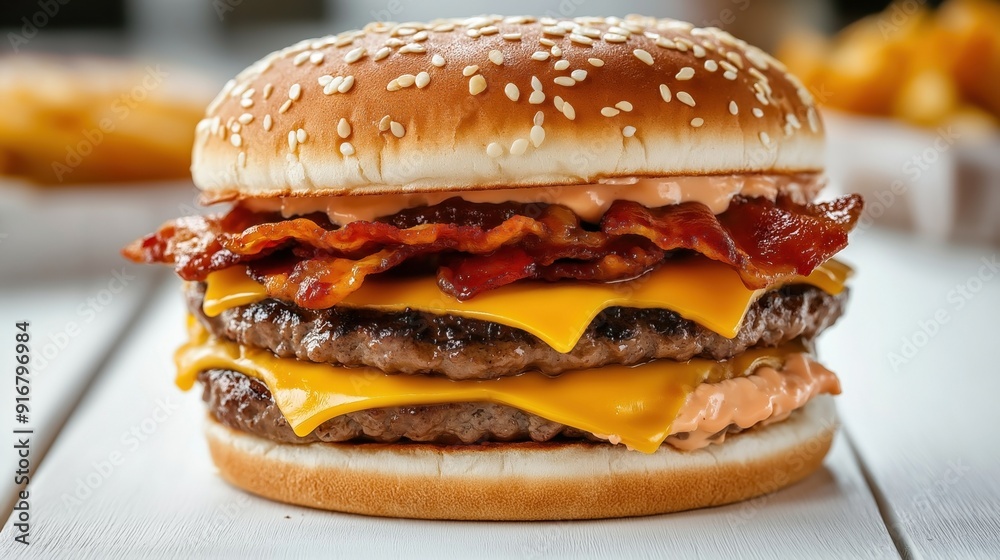 Double bacon cheeseburger with sesame seed bun. Double bacon cheeseburger with sesame seed bun.