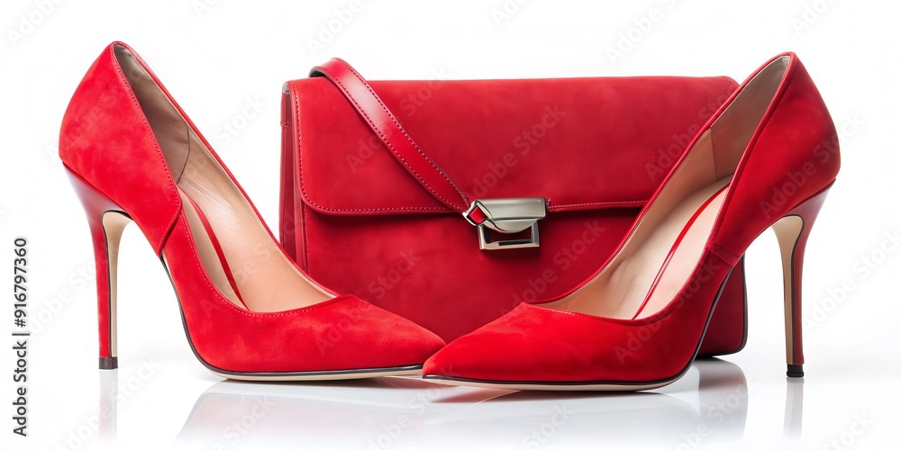 custom made wallpaper toronto digitalVibrant red suede stilettos paired with a matching women's handbag, forming a chic and sophisticated set of fashion accessories against a clean white background.