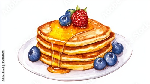 Wallpaper Mural 3D Watercolor Pancake Stack with Syrup and Berries - Delicious Digital Art Torontodigital.ca