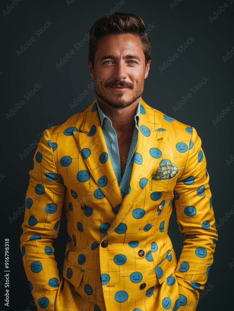 Male model in stylish suit with emoji pattern in style of trendy fashion editorial. Emoji suit. Male model in stylish suit with emoji pattern in style of trendy fashion editorial. Emoji suit.
