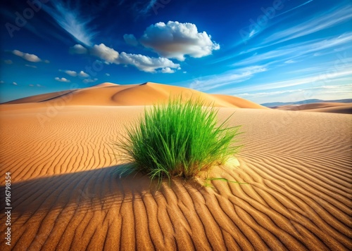 Isolated clump of vibrant green grass stands in stark contrast to the arid, sandy dunes of the desert landscape, symbolizing resilience and hope.