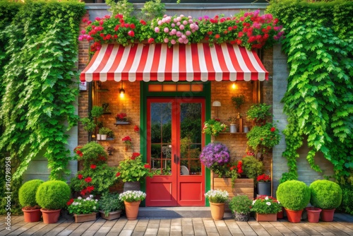 Colorful illustration of a boutique storefront with a bright red awning and a sign featuring a shopping bag icon, surrounded by lush greenery and flowers. photo