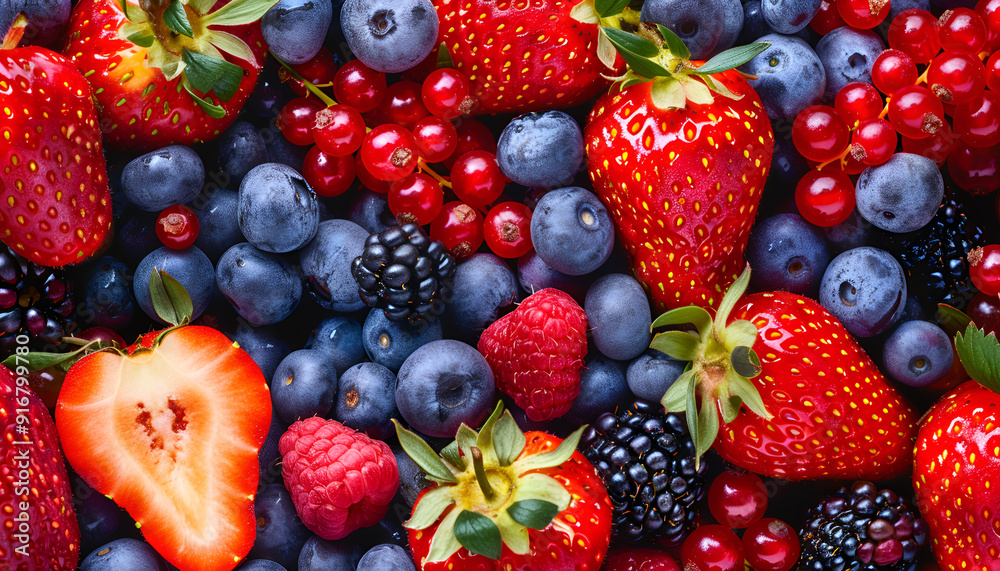Obraz premium Different ripe fruits and berries as background, top view