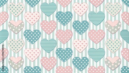 Whimsical seamless pattern featuring interlocking hearts, polka dots, and stripes in soft pastel hues, ideal for Valentine's Day wrapping paper, kids' clothing, and festive textiles.