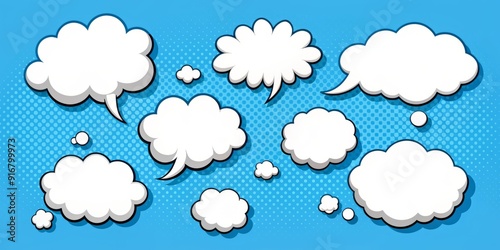 Wallpaper Mural Whimsical set of assorted comic-style speech bubbles in various shapes and sizes, floating amidst soft, white vector clouds on a bright blue background. Torontodigital.ca