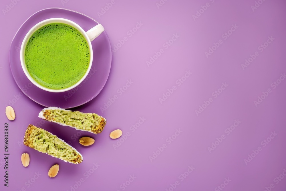 Delightful Warm Matcha Tea with Biscotti on Purple Background - Perfect for Culinary Blogs and Posters Delightful Warm Matcha Tea with Biscotti on Purple Background - Perfect for Culinary Blogs and Posters