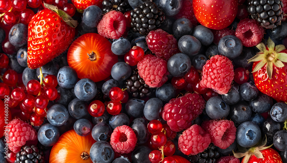 Different ripe fruits and berries as background, top view Different ripe fruits and berries as background, top view