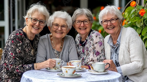 Close-up Group of senior women having a tea party in a beautifully decorated garden, celebrating International Day of Older Persons, sharing laughter and stories, fostering friendship and joy.