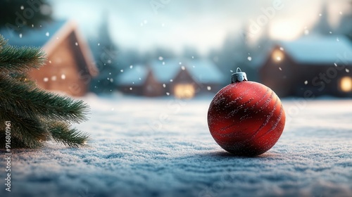 A vibrant red Christmas ornament sits on the snow, surrounded by a serene winter landscape, evoking holiday cheer and nostalgia. photo