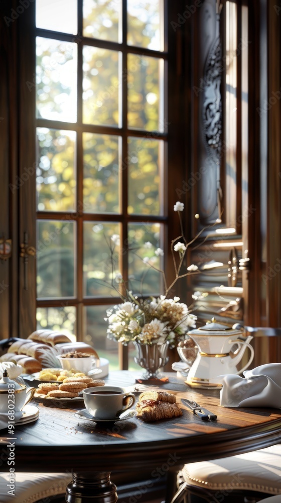 Family breakfast nook with coffee and pastries Family breakfast nook with coffee and pastries
