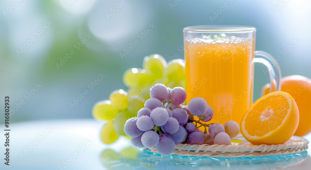 Fototapeta premium A glass of orange juice is on a table with a bunch of grapes and an orange. Concept of freshness and health, as the fruits are natural and nutritious. The bright colors of the fruits