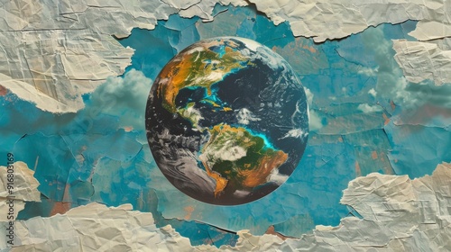 Fototapeta Naklejka Na Ścianę i Meble -  Planet earth climate change and global warming paper collage