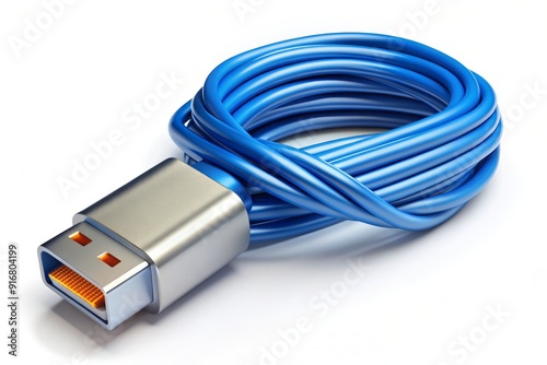 A silver USB connector icon with a wrapped blue cable around it, symbolizing digital connection and data transfer, isolated on a white background. photo