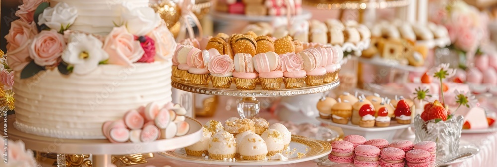 Colorful candy bar at a wedding with a variety of sweets and desserts displayed on the table Cake adorned with flowers accompanied by cheesecake and macarons Elegant golden sparkles and nut Colorful candy bar at a wedding with a variety of sweets and desserts displayed on the table Cake adorned with flowers accompanied by cheesecake and macarons Elegant golden sparkles and nut