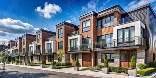 Modern terraced residential homes with sleek facades in a newly developed suburban housing estate, showcasing contemporary real estate architecture. photo