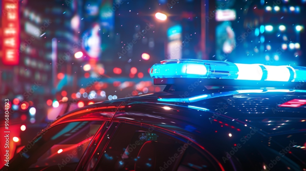 Blue and red light flasher atop of a police car. City lights on the background Blue and red light flasher atop of a police car. City lights on the background