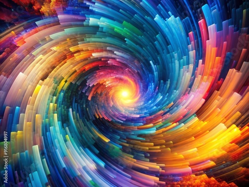 Colorful pixels swirl and morph into a vortex, blurring the lines between digital and reality, representing a futuristic transition in a mesmerizing abstract landscape.