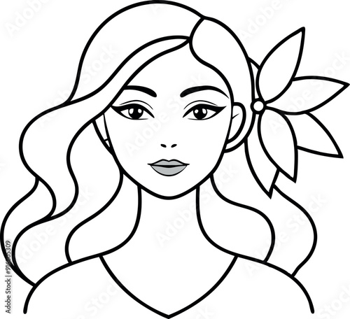 Beautiful Woman with Flower in Hair Line Art Illustration