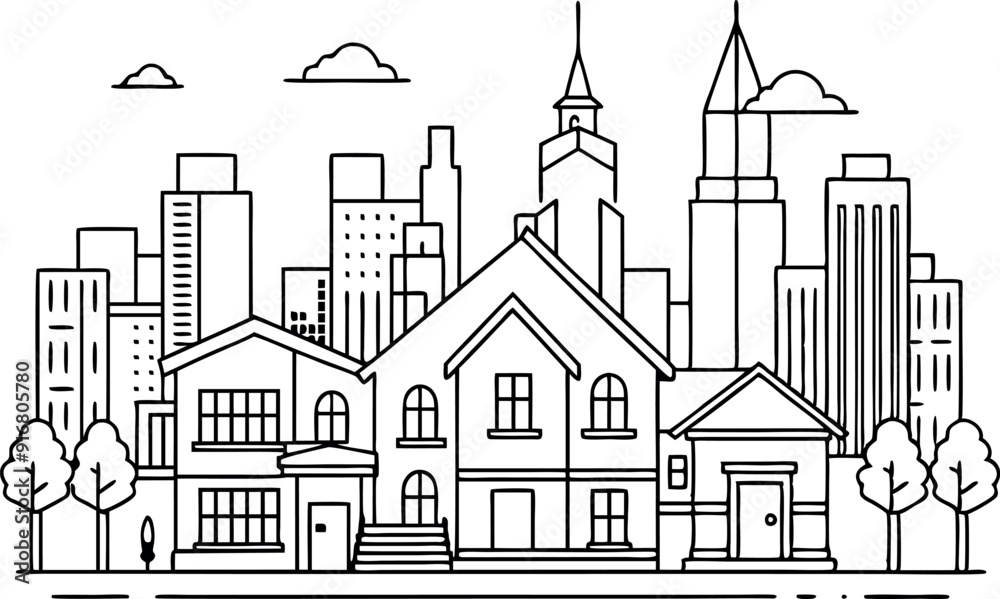 Black and White Cityscape with Buildings and Trees Black and White Cityscape with Buildings and Trees