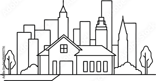 Urban Skyline with Suburban House Line Art Illustration