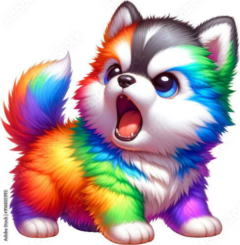 A cartoon baby husky with rainbow
