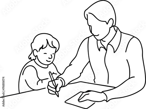 Canvastavla Father Helping Young Child With Homework Illustration