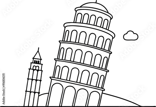 Hand Drawn Line Art of Leaning Tower of Pisa