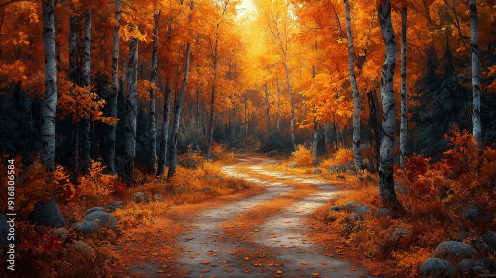 Fototapeta premium Winding Forest Path Surrounded by Vibrant Autumn Foliage and Tall Birch Trees, Illuminated by Golden Sunlight on a Crisp Fall Morning