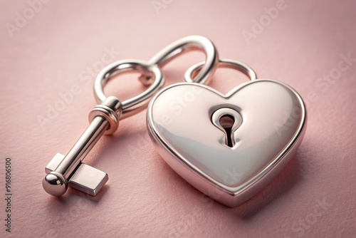 Tenderly entwined, a delicate silver heart-shaped lock and key symbolize eternal devotion, trust, and passion, suspended against a soft, blush-colored background.