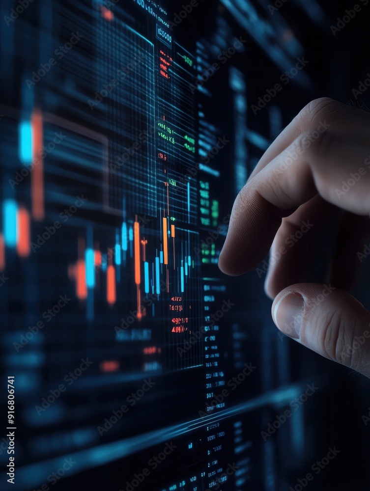 Close-up of a hand interacting with a digital financial chart, showcasing data analysis and technology in finance. Close-up of a hand interacting with a digital financial chart, showcasing data analysis and technology in finance.